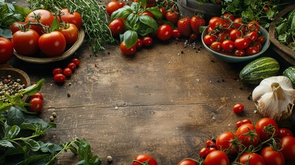 Wall Mural - Fresh Tomatoes, Herbs, and Garlic on Rustic Wooden Tabletop