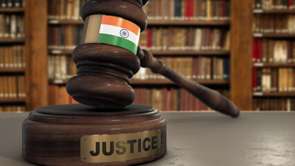 Wall Mural - India Flag on Judge Hammer in Court with Word Justice. Justice System 3D Illustration