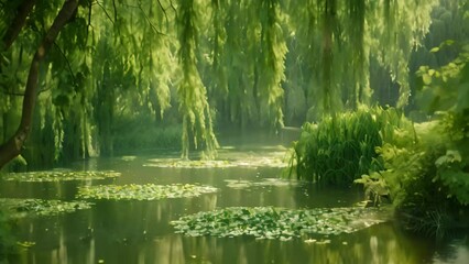 Wall Mural - A pond with water lilies in bloom, surrounded by trees with weeping branches in the background, A tranquil pond surrounded by weeping willows and shimmering green foliage