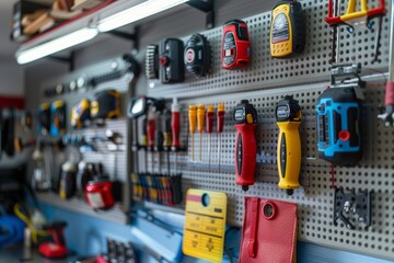 Car Diagnostic Tools and Devices on Wall Rack in Professional Garage Setting