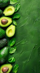 Wall Mural - Fresh avocados and spinach leaves on green background