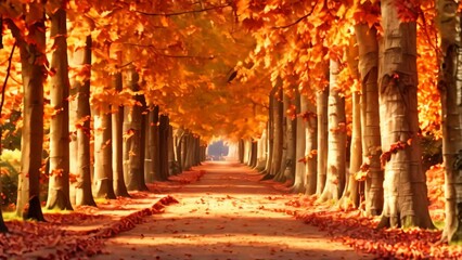 Poster - A road flanked by trees covered in vibrant fall leaves creating a colorful canopy overhead, A tree-lined path glowing with fiery autumn colors