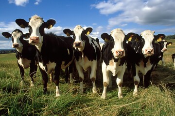 A group of black and white Holstein cows graze in a grassy field.