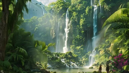 Canvas Print - Two individuals standing in front of a majestic waterfall surrounded by lush tropical greenery, A tropical rainforest with a family hiking through lush greenery and discovering hidden waterfalls