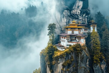 A stunning view of Tigers Nest Monastery, a sacred Buddhist temple perched high on a cliffside in Bhutan, shrouded in mist.