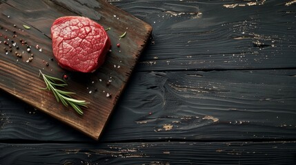 Wall Mural -  Juicy steak medium rare beef tenderloin or fillet mignon cut on wooden serving board on black wooden