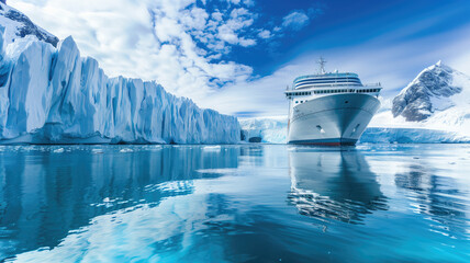 Wall Mural - Cruise ship in majestic north seascape with ice glaciers in sea