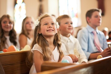 Young children attend a religious service, their faces filled with wonder and excitement.