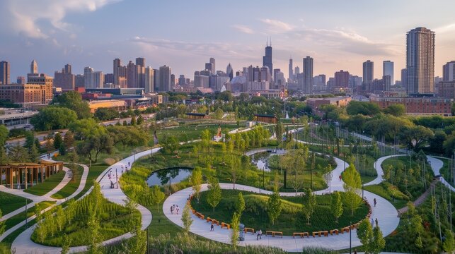 An aerial view of a newly constructed urban park in Chicago, showcasing winding paths, lush greenery, and a stunning view of the city skyline