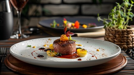 Wall Mural - A close-up shot of a beautifully plated steak dinner with yellow sauce, herbs, and a decorative garnish