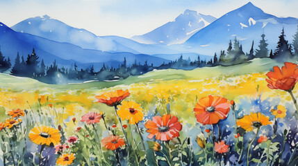 Canvas Print - Watercolor mountain meadow summer landscape