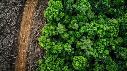 Wall Mural - Deforest environmental problem, aerial split image from above top view, logging of rain forest, created with Generative AI