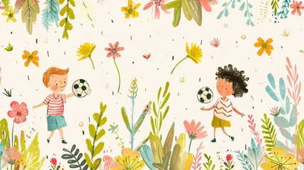 Two children playing with a soccer ball in a field of flowers