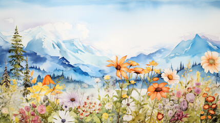 Wall Mural - Watercolor mountain landscape with wildflowers