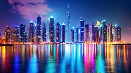 A captivating night scene of downtown Dubai in the UAE, characterized by its stunning modern buildings adorned with bright, glowing lights.