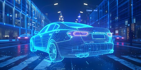 Wall Mural - Futuristic Wireframe Rendering of a Sedan Car in a Blue-themed Intersection Technology Scene. Concept Car Design, Wireframe Rendering, Futuristic Scene, Intersection Technology, Blue Theme