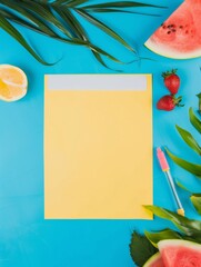 Wall Mural - Summer paper frame. vibrant summer-themed flat lay featuring an blank sheet of paper on a soft background, surrounded by tropical leaves, pink and yellow flowers, strawberries, and watermelon slices.