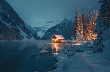 Wall Mural - Photo of the tiny cabin in front, an emerald lake at night with snow and reflection 