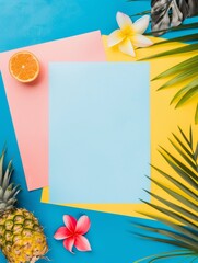 Wall Mural - Summer paper frame. vibrant summer-themed flat lay featuring an blank sheet of paper on a soft background, surrounded by tropical leaves, pink and yellow flowers, strawberries, and watermelon slices.