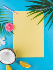 Wall Mural - Summer paper frame. vibrant summer-themed flat lay featuring an blank sheet of paper on a soft background, surrounded by tropical leaves, pink and yellow flowers, strawberries, and watermelon slices.