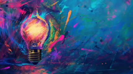 Abstract background with a glowing light bulb and an innovation concept. Digital painting illustration art design for a creative idea, business success