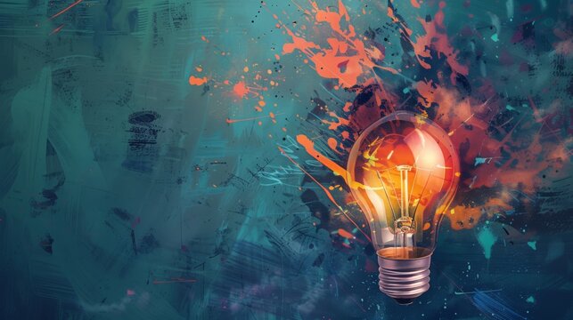 Abstract background with a glowing light bulb and an innovation concept. Digital painting illustration art design for a creative idea, business success