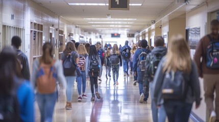 A wide-angle photo of a high school corridor filled with students walking to and from classes during a class change