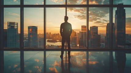 Wall Mural - Silhouette of Man Looking Out Window at Sunset Over City Skyline