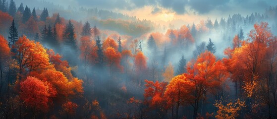 Wall Mural - Majestic landscape with autumn trees in misty forest painting