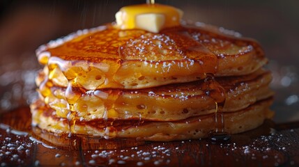 Wall Mural - Capture the fluffy perfection of a stack of buttermilk pancakes, featuring a drizzle of syrup and a pat of butter