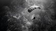 © THINGDSGN - Paratrooper descending over french landscape, black and white photography in style of a war archive image