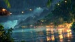 © KICKINN.AI - Enchanting Tropical Rainy Night Landscape with Glowing Lights and Serene Waterfront
