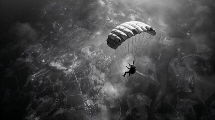Paratrooper descending over french landscape, black and white photography in style of a war archive image