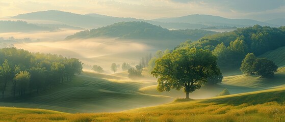 Wall Mural - beautiful and serene landscape of a hill in the countryside, with a meadow of green grass and a few trees, surrounded by a scenic valley and a peaceful morning atmosphere
