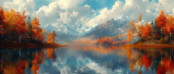 Wall Mural - view of a lake in a scenic valley, surrounded by a forest of green trees and a majestic mountain range, bathed in the warm sunlight of a summer morning