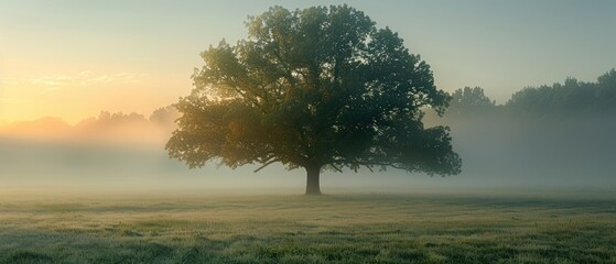 Wall Mural - a serene and tranquil summer morning in a foggy meadow landscape with sunlight filtering through trees and a scenic countryside view