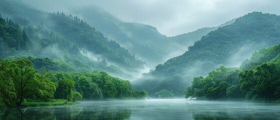 Wall Mural - autumn landscape with a misty mountain river flowing through a green forest in the early morning