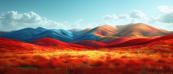 Wall Mural - summer landscape with a scenic mountain peak and a vibrant green meadow in the foreground with a bright blue sky and a few puffy clouds