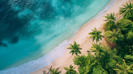 Wall Mural - Aerial view of a tropical beach with turquoise waters and lush palm trees. The pristine sandy shore and clear ocean waves create a perfect vacation paradise.
