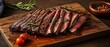 © Rising Monk - Sliced wagyu flank steak on burnt cutting board, Generative AI
