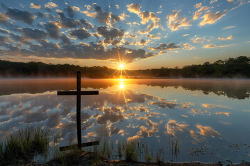 Wall Mural - A cross on a tranquil lakeshore at sunrise, with sunrays reflecting off the calm water and breaking through scattered clouds, creating a peaceful and reflective scene