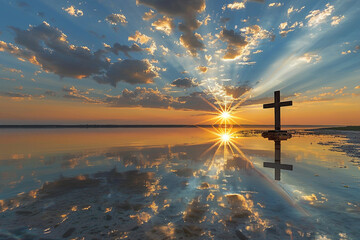 Wall Mural - A cross on a tranquil lakeshore at sunset, with sunrays reflecting off the calm water and breaking through scattered clouds, creating a peaceful and reflective scene