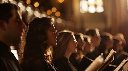 A choir sings hymns during a performance inside a dimly lit church. The singers are focused and passionate, their voices rising in harmony