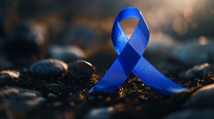 Wall Mural - A blue ribbon, the symbol for colon cancer awareness, is shown resting on gravel ground, illuminated by a warm beam of sunlight