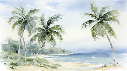 Wall Mural - Tropical beach watercolor landscape