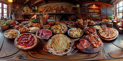 Sticker - An immersive 360-degree equirectangular panorama of a gourmet Italian feast, featuring a spread of freshly made pasta, wood-fired