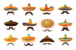 © WinWin - Mexican sombrero hats and mustache. Traditional sombreros with ethnic patterns, Mexico style masks cartoon vector set