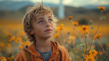 Sticker - A poignant image of a child gazing up at a towering wind turbine with a sense of wonder