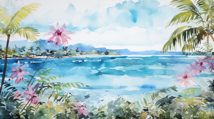 Wall Mural - Watercolor tropical beach landscape with flowers