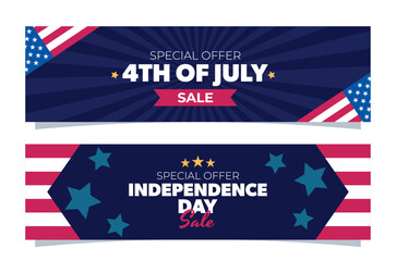 Wall Mural - 4th of July set of sale banners. American flag, stars and stripes. Isolated vector templates with text.
